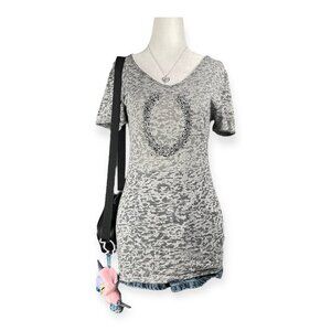 VTG Cowgirl Hardware Rhinestone Horseshoe Graphic Tee Womens XL Gray Burnout Y2K